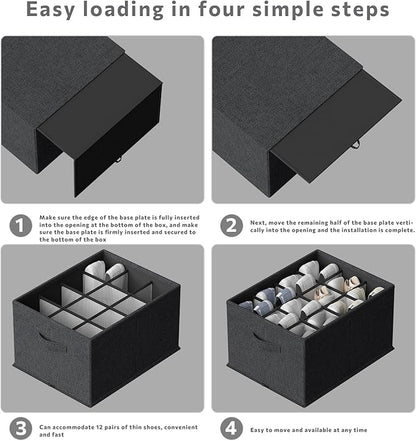 FHSQX 4 Pack Shoe Organizer for Closet,Foldable Shoe Organizer,Fits up to 48 Pairs,Storage Containers With Bottom Support for Shoes (Black, (16.5 * 12.6 * 9.5) x4)