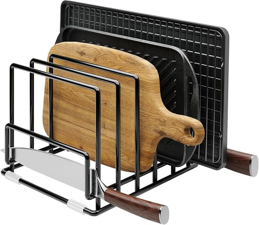 Cutting Board Organizer Rack with 7 Compartments, Heavy-Duty Iron Pan and Baking Sheet Organizer, Kitchen Cabinet Storage Rack with Non-Slip Base, Space-Saving Pot Lid Holder for Countertop & Pantry