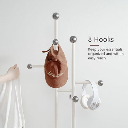 Free Standing Coat Rack with Marble Base & 8 Steel Hooks Clothes Rack for Entryway Bedroom Living Room Hotel 14.96 x 10.24 x 68.9 Inches (White)