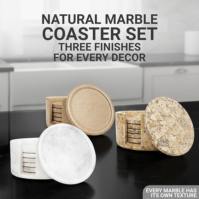 Marble Coaster Set of 6-3.7" Round Marble Drink Coasters, Cork Backing Non-Slip, Office Protect Tables from Stains and Scratches, White