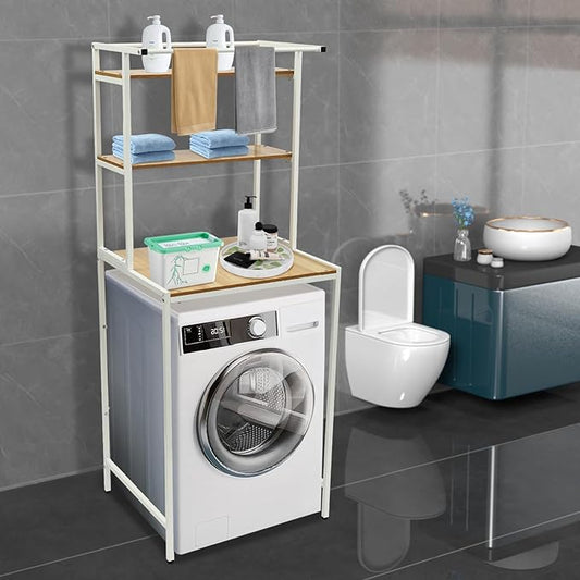 Over The Washer and Dryer Storage Shelf, 3-Tier Bathroom Room Shelf Storage Utility Rack Over The Toilet Washer Dryer Heavy Duty Laundry Room Organizer Bathroom Space Saving Organizer (White+ Log)