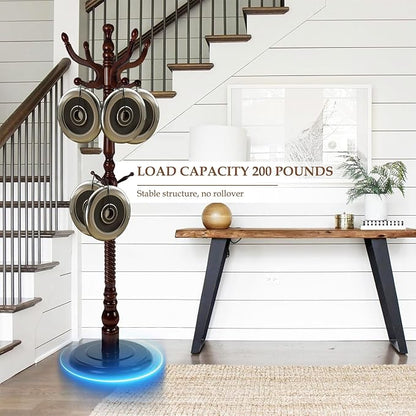 Wood Coat Rack Freestanding, Natural Coats Tree Stand with 14 Hooks, 73" Sturdy and Easy Assembly Coat Rack Stand for Entryway, Hallway, Bedroom, Bags, Hats (Heavy-duty Disc Base, Walnut Color)