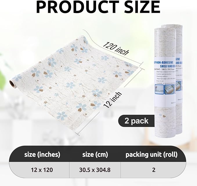RAY STAR 12X120 Inch Shelf Liner for Kitchen Cabinets, Non-Adhesive Cabinet Liner Washable, PVC Drawer Liner for Dresser Non-Slip Bathroom (Floral)(2 Roll)