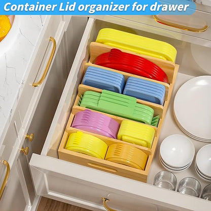 Kiasthome Bamboo Lid Organizers Inside Cabine, Kitchen Cabinet Organizer with 5 Adjustable Dividers, Food Container Plastic Holders for Drawer Pantry, Nature