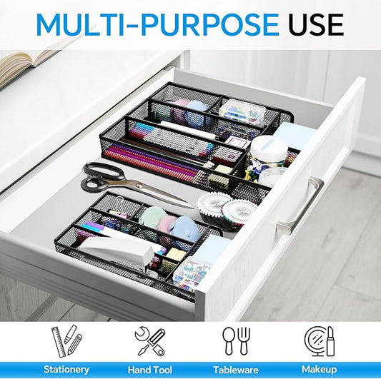 Desk Drawer Organizer, Office Drawer Divider Organizer Tray with 6 Compartments, Metal Mesh Desktop Organization and Accessories for Stationery Makeup Kitchen Toolroom School ＆Office, 12.6x8.27x1.6 in
