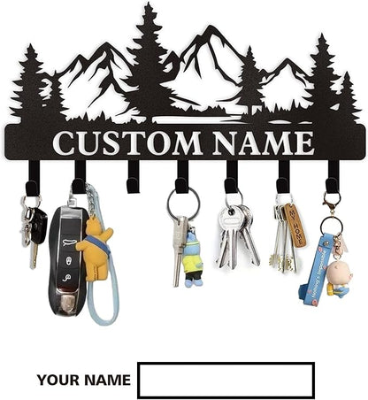 Personalized Custom Mountain Theme Key Holder with Name, Metal Wall Mount, Coat Rack, Key Hooks, Home Decor Gift