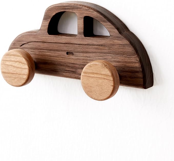 Kids Coat Hooks Wall Mount, Walnut Car-Shaped Coat Rack Heavy Duty for Bathrooms,Kids’ Room,Door,Nursery,Entryway, 4 Pack Wood Wall Hooks for Hanging Hats,Backpacks,Towels,Keys&Clothes