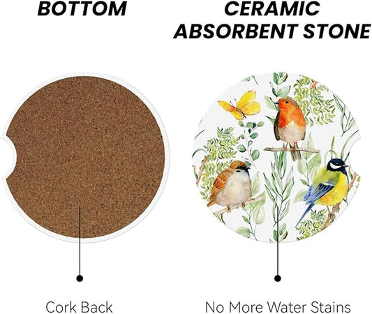 Bird Floral Flower Car Cup Holder Coaster 2 Pack Absorbent Ceramic Car Coasters for Cup Holders Car Accessories Interior for Women Men Universal Anti Slip Cork Base Cup Coasters with Finger Notch