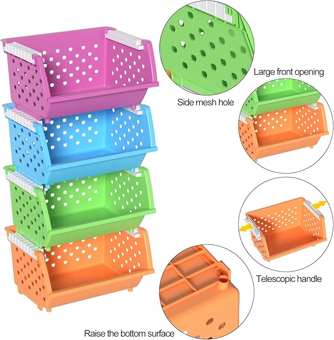 4 Packs Plastic Storage Basket Stackable, Stacking Storage Baskets Open Front