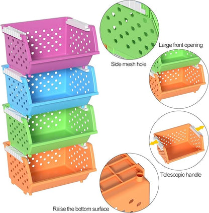 4 Packs Plastic Storage Basket Stackable, Stacking Storage Baskets Open Front