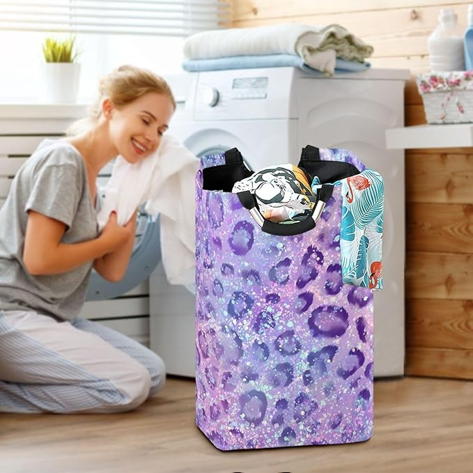 Laundry Hamper Basket Glitter Leopard Purple Storage Basket Collapsible Clothes Hamper with Handle Decorative Blanket Basket for Laundry Room Decor Bedroom Dorm