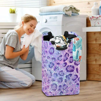 Laundry Hamper Basket Glitter Leopard Purple Storage Basket Collapsible Clothes Hamper with Handle Decorative Blanket Basket for Laundry Room Decor Bedroom Dorm