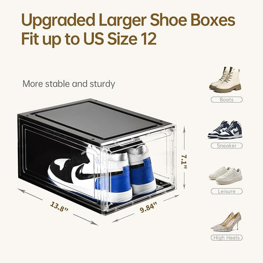 Amllas 10 Pack Shoe Boxes Stackable,Upgraded Sturdy Storage Boxes with Clear Magnetic Door,Multifunctional Sneaker Organizer Fit up to US Size 12 (13.8”x 9.84”x 7.1”)