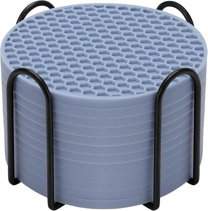 Silicone Coaster Set of 12 with Holder, Drinks Coasters, Beer & Coffee, Suitable for All Cups, Hot or Cold, Anti-Slip, Non-Stick, Anti-Overflow Tabletop Protection and Decor (12 Pcs, Blue)