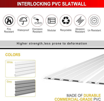 4'H x 8'W Slatwall Panel Garage Wall Organizer, Heavy Duty Slat Wall Paneling Sheets, Interlocking PVC Panels, Garage Slatwall for Tool Organization Mounted Storage Systems