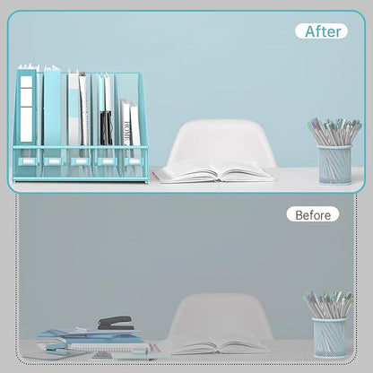 SUPEASY Desk Organizers Metal Desk Magazine File Holder with 5 Vertical Compartments Rack File Organizer for Office Desktop, Home Workspace, Blue Plus