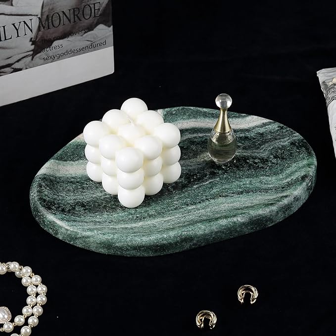 BCS Marble Jewelry Tray Trinket Dish, Decorative Cloud Vanity Key Tray for Women, Perfume Ring Holder Dish for Ring Earring, Cute Jewelry Plate Bowl Aesthetic Room Decor（Green）