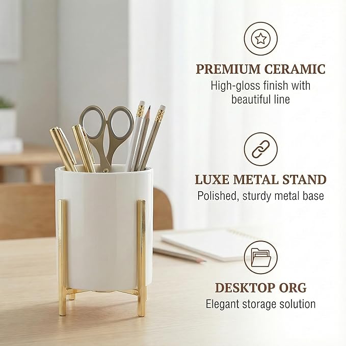 Ceramic Pen Holder for Desk, Durable Ceramic Pencil Cup Holder for Womens Girls, Makeup Cup for Brushes, with 4 Legs Metal Frame