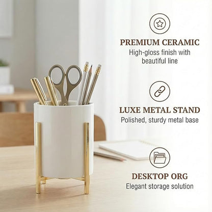 Pen Cup Holder for Ladies, Desk Pencil Holder for Women, Cute Makeup Brush Holder, Large Ceramic Cup with Rose Metal Frame, Office Desk Supplies for Women