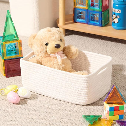 Small Storage Baskets for Organizing | Closet Organizer Bins | Shelf Toy Basket | Woven Rope Baskets | Cube Decorative Box | Shallow Basket | 13x8.5x5.1” | 3 Packs Off White