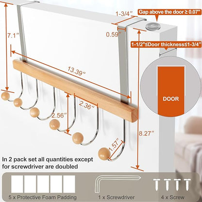TOPIA HANGER Over The Door Hooks for Hanging, Towel Hooks Towel Racks for Bathroom, Coat Hooks Coat Rack Over The Door Organizer Hanging, Wooden Door Hangers for Coat Towel Hat Purse CT72N - 2 Pack