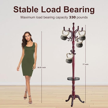 Solid Wood Coat Rack – Freestanding Coat Racks Stand with Hooks & Stable Base, Adjustable Height Modern Wooden Hall Tree for Entryway, Bedroom, Office, Home (H12 Mahogany)
