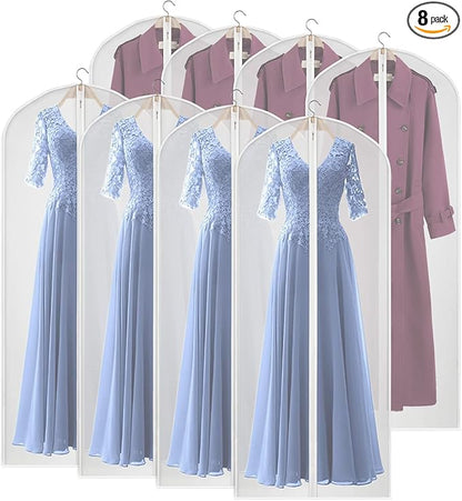 Kntiwiwo Clear Garment Bags for Closet Storage Suit Bag Set of 8 Hanging Clothes Cover Dress Bag Dust-Proof with Zipper for Suit, Coat, Long Dresses Clothes Storage 24” x60”
