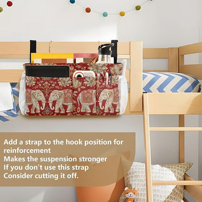 CuwrYet Bedside Caddy Hanging Bunk Bed Caddy Bed Organizer Hanging Pocket with 2 Hooks Bedside Storage Organizer Pocket Bag Holder Red Retro Elephant Flowers