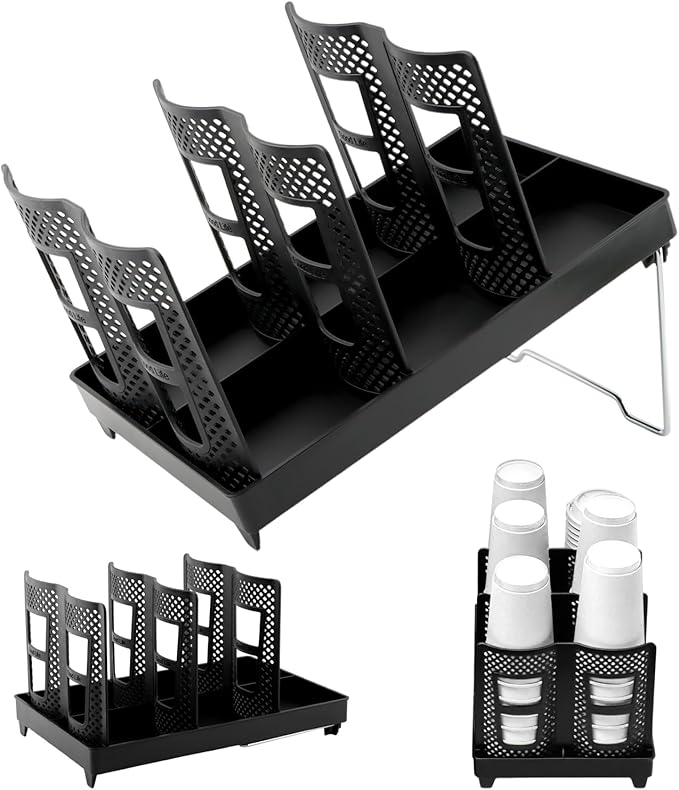 Paper Cup and Lid Holder, Coffee Cup Holder Organizer, 6-Slot Disposable Cups Dispenser with Stand for Coffee Stations, Kitchens, Bars, Restaurants, Lounges(Color:Black)