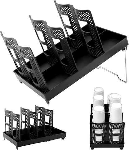 Paper Cup and Lid Holder, Coffee Cup Holder Organizer, 6-Slot Disposable Cups Dispenser with Stand for Coffee Stations, Kitchens, Bars, Restaurants, Lounges(Color:Black)
