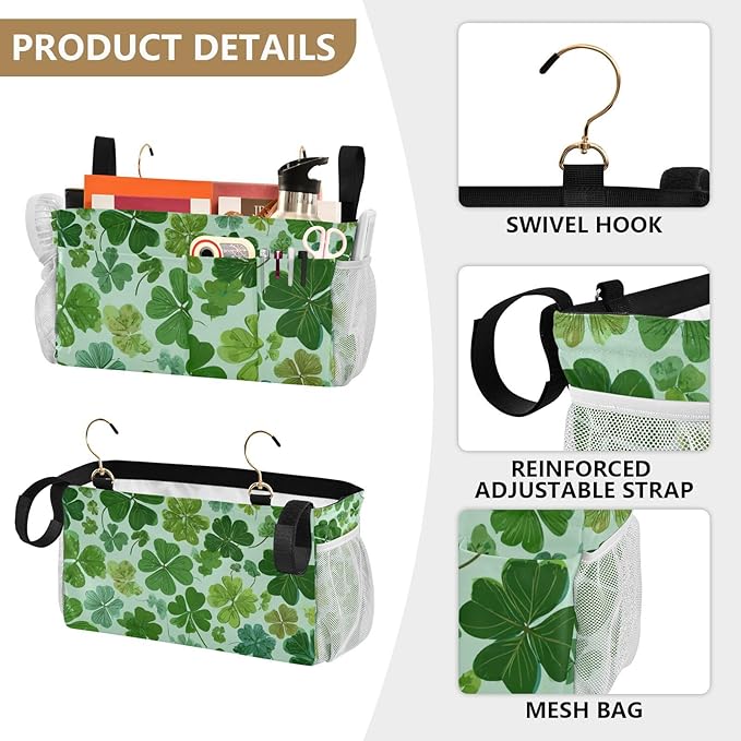 CuwrYet Bedside Caddy Hanging Bunk Bed Caddy Bed Organizer Hanging Pocket with 2 Hooks Bedside Storage Organizer Pocket Bag Holder Green Nature St Patrick Clovers
