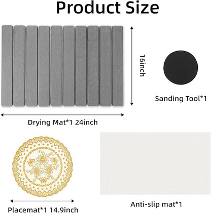 Hoborato Stone Dish Drying Mat,24"(L)×16"(W) - Fast-Drying, Collapsible Kitchen Counter Mat for Dishes, Cups & Bottles with Sanding Tool + Placemat, Dark gray