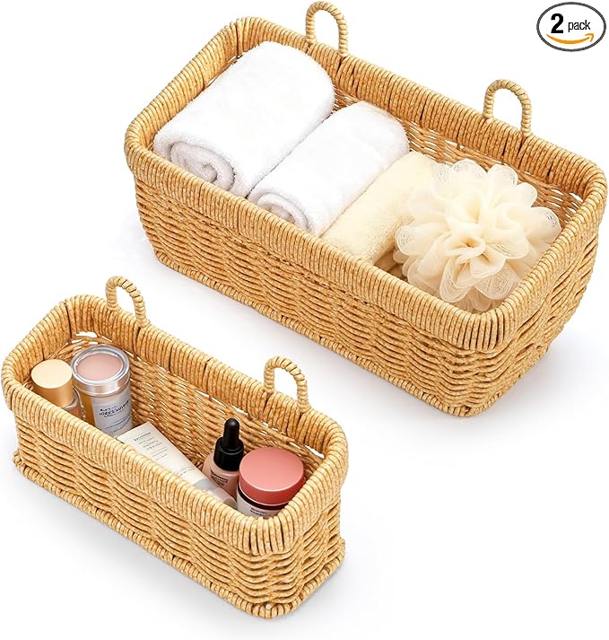 ZEAYEA Set of 2 Cute Small Wall Hanging Basket, Hand-Woven Hanging Organizer Basket for Onion Garlic, Boho Plastic Fruit Storage Baskets with Hanger for Kitchen Bathroom Laundry Living Room Home Decor