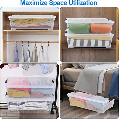 Xyskin 4-Pack Wheeled Underbed Organizer Bins with Latching Lids, 25 Qt Plastic Under Bed Storage Organizer Bin Container, Clear