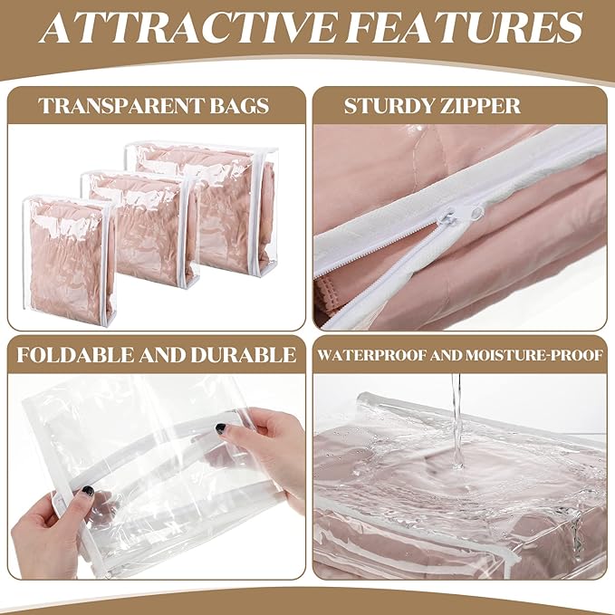 Sotiff 12 Pcs Clear Vinyl Storage Bag with Zipper 3 Sizes Durable Zippered Sweater Storage Bags Large Capacity Clothes Organizer Avoid Dust Dirt for Clothing Bedding Blankets Comforters Organize