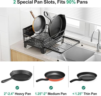 GSlife Expandable Dish Drying Rack and Sponge Holder Set, 2 Piece Large Capacity 2-in-1 Rust Resistant Dish Drainer and Adhesive Brush Holder and Soap Holder, Black