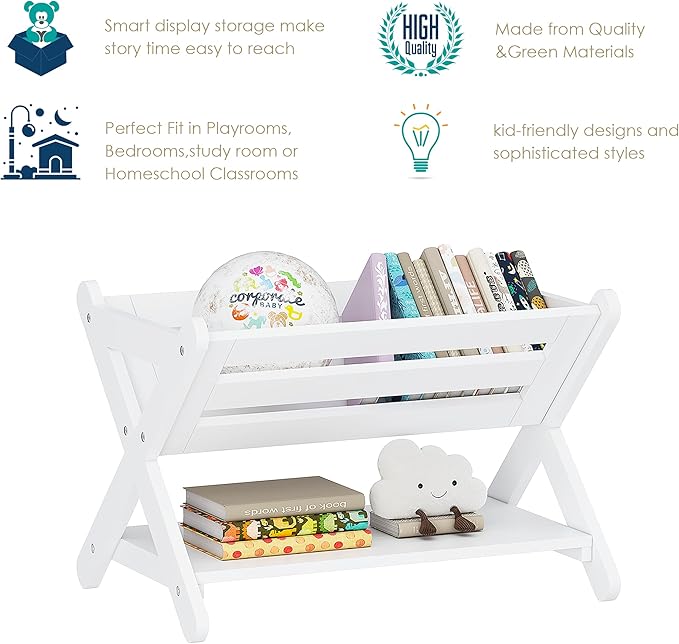 UTEX Kids Bookshelf with Caddy, Toddler Bookshelf, Book Storage Organizer, Small Book Shelf for Kids Rooms, Nursery, Playroom, White