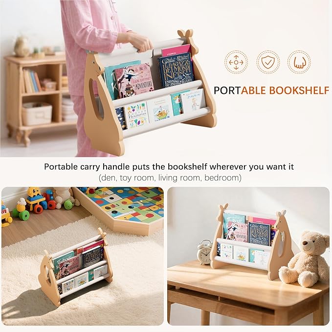 Double Sided Kids Bookshelf – 2 Tier Portable Toddler Bookshelf, Book Shelf for Kids Rooms & Playroom, Cute Kangaroo Design Wooden Montessori Baby Bookshelf,Toddler Book Display Shelves,Brown