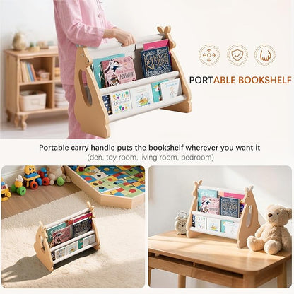Double Sided Kids Bookshelf – 2 Tier Portable Toddler Bookshelf, Book Shelf for Kids Rooms & Playroom, Cute Kangaroo Design Wooden Montessori Baby Bookshelf,Toddler Book Display Shelves,Brown