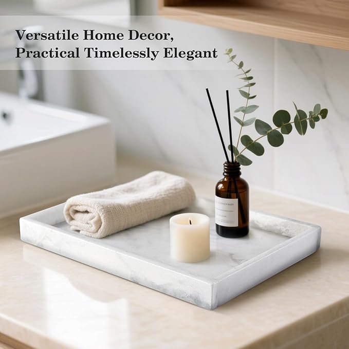 Erongoo Real Natural Marble Tray, 11.7" x 7.8" Decorative Vanity Tray for Bathroom Countertop, Kitchen Counter, or Catchall, White Coffee Table Tray for Jewelry, Perfume, Candles, Office, Home Decor