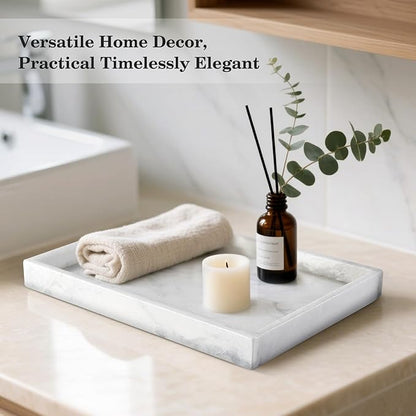 Erongoo Real Natural Marble Tray, 11.7" x 7.8" Decorative Vanity Tray for Bathroom Countertop, Kitchen Counter, or Catchall, White Coffee Table Tray for Jewelry, Perfume, Candles, Office, Home Decor