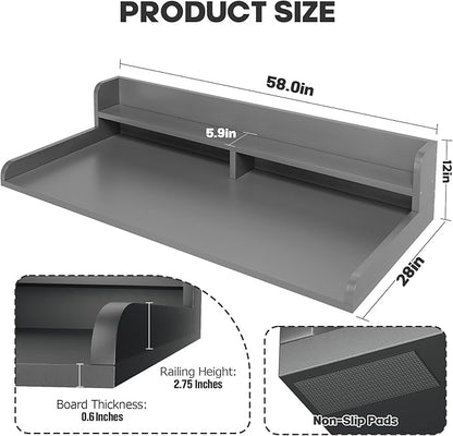 2-Tier Washer Dryer Countertop with 2.75" H Edge Rails, 58" W x 28" D Laundry Countertop for Folding Clothes, Washer and Dryer Topper with Non-Slip Pad (Gray)