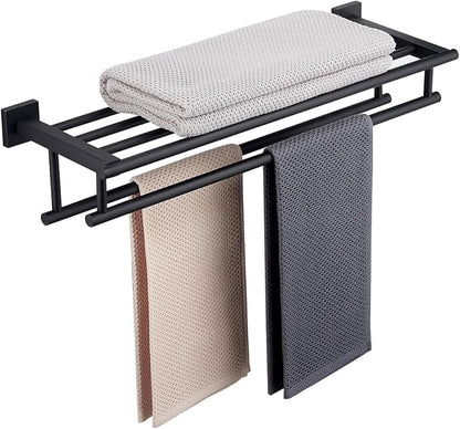 Towel Rack for Bathroom 24 Inch Wall Mounted Towel Rack Matte Black Towel Shelf with Double Towel Bar SUS304 Stainless Steel Towel Holder for Bathroom Wall Hotel Towel Rail