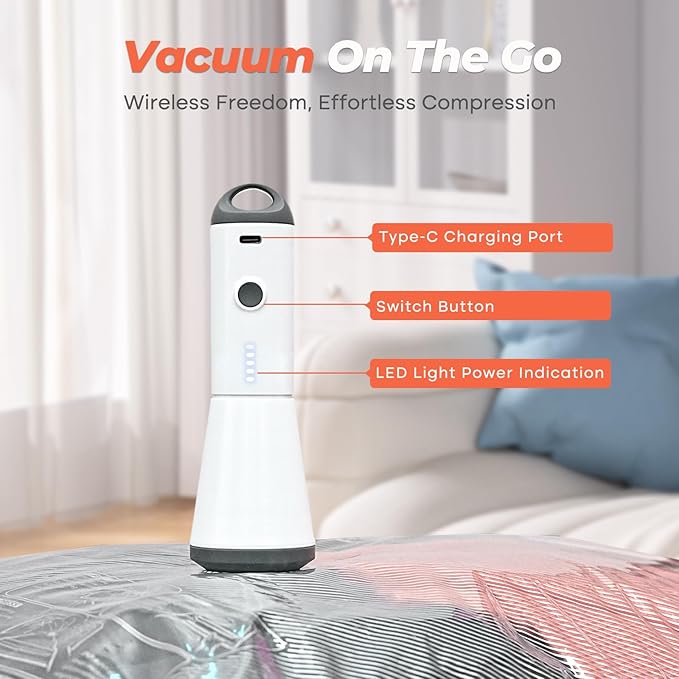 Vacbird Vacuum Seal Bags for Clothing with Rechargeable Cordless Pump, 12 Pack Compression Packing Bags, Space Saver Storage for Seasonal Clothes Bedding Blanket Pillows Comforters Luggage Travel