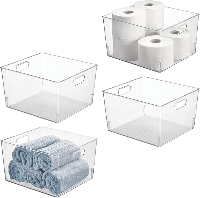 mDesign Large Modern Stackable Plastic Storage Organizer Bin Basket with Handles for Bathroom Vanity Organization - Shelf, Cubby, Cabinet, or Closet Organizing Decor - Ligne Collection - 4 Pack, Clear
