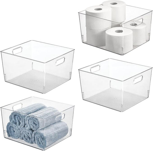 mDesign Large Modern Stackable Plastic Storage Organizer Bin Basket with Handles for Bathroom Vanity Organization - Shelf, Cubby, Cabinet, or Closet Organizing Decor - Ligne Collection - 4 Pack, Clear