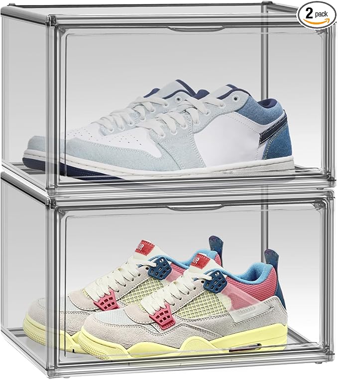 DAYOOH 2 Pack Acrylic Shoe Box for Closet Clear Stackable Size 12 Shoe Storage Bins with Magnetic Lids, Stackable Boot Handbag Organizer Containers for Shoes, Figure, Collectible, Purse