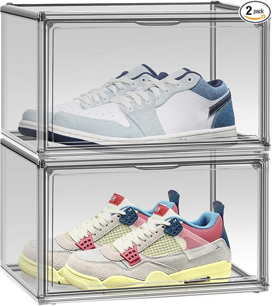 DAYOOH 2 Pack Acrylic Shoe Box for Closet Clear Stackable Size 12 Shoe Storage Bins with Magnetic Lids, Stackable Boot Handbag Organizer Containers for Shoes, Figure, Collectible, Purse