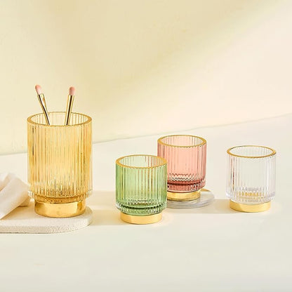 LEICURACE Makeup Brush Holder Organizer,Toothbrush Holders,Desk Pen Pencil Holder,Multifunctional Vintage Glass Brush Cup（L/Gold/A3-7-US）