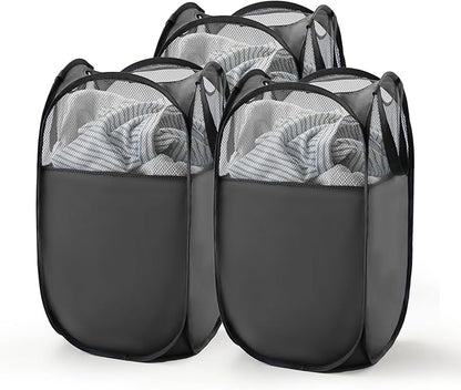 TECHMILLY Pop Up Foldable Laundry Basket, Mesh Laundry Hamper with Reinforced Handles for Dirty Clothes Storage in Dorm, Laundry Room, Bathroom, Black(Fabric), 3 Pack